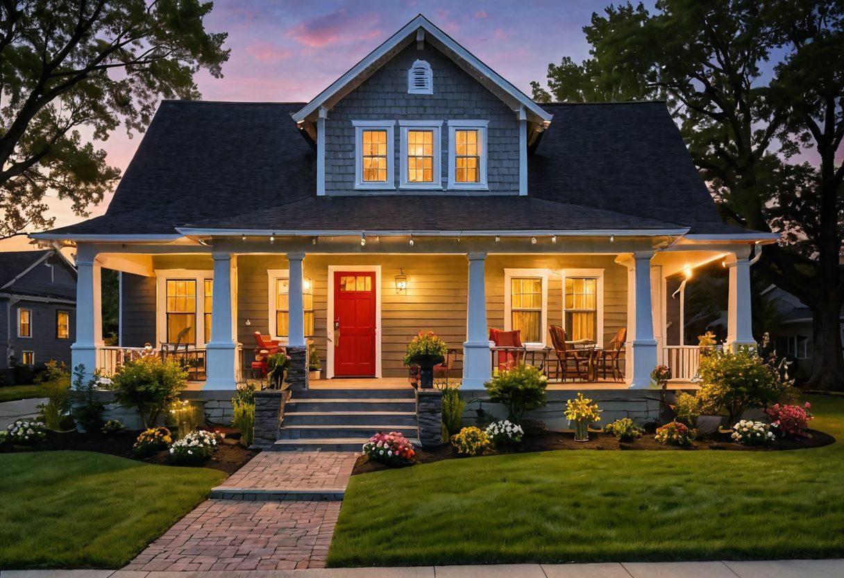 A cozy and inviting home nestled in a picturesque neighborhood, showcasing a well-kept garden, a welcoming front porch, and warm exterior lights glowing at dusk. In the foreground, a family joyfully holds house keys, symbolizing the dream of homeownership. The background includes friendly houses dotted with trees and flowers, suggesting a sense of community. super-realistic. vibrant colors. soft lighting.
