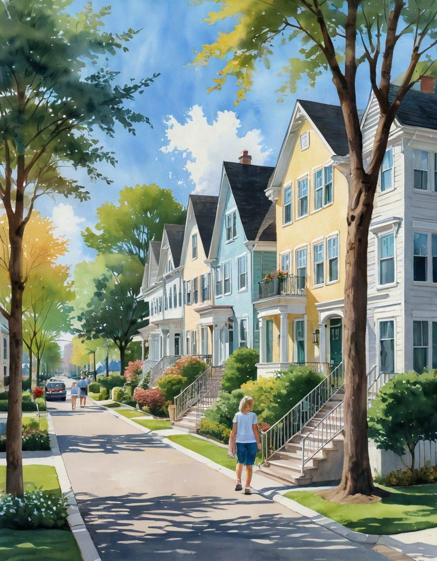 A serene suburban landscape featuring contrasting architectural styles: elegant condominiums on one side and charming townhouses on the other. In the foreground, a family happily examines a home, while a tree-lined pathway invites exploration. Soft pastel colors and a bright blue sky enhance the inviting atmosphere. watercolor painting. vibrant colors.