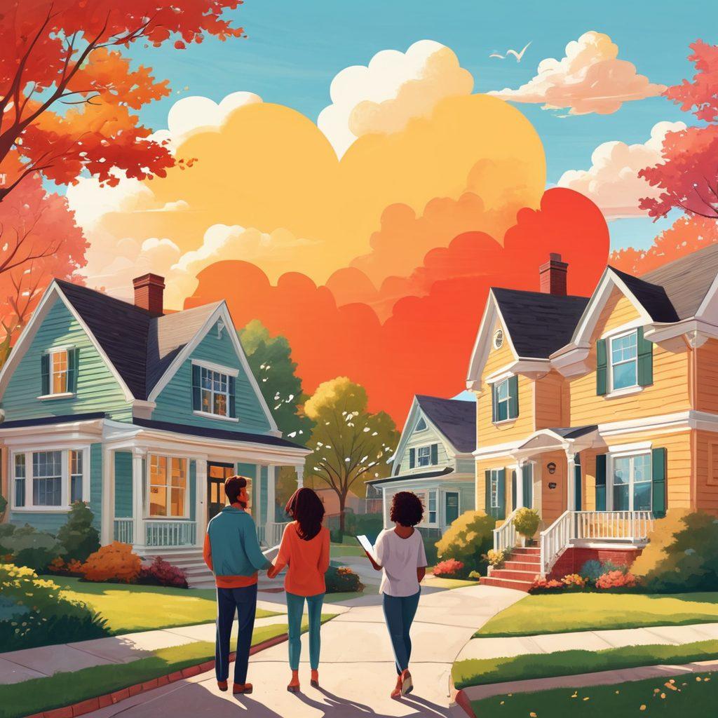 A warm and inviting illustration of a couple navigating a neighborhood filled with diverse house styles, discussing real estate options as they look at listings on a tablet. Emphasize heart-shaped elements, like a heart-shaped cloud above them and heart motifs on the houses. The scene should convey a sense of community, hope, and exploration. Include soft sunlight filtering through trees and friendly neighbors waving. vibrant colors. vector art.